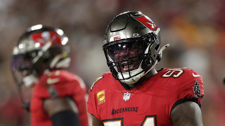 Tampa Bay Buccaneers linebacker Lavonte David celebrates after a stop during the fourth quarter of a NFC wild card playoff against the Washington Commanders.