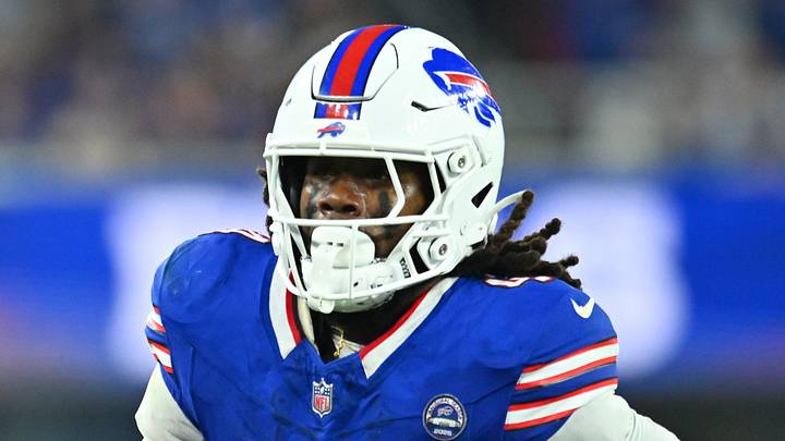 Sep 17, 2026; Orchard Park, New York, USA;  Buffalo Bills running back James Cook III (4) runs against the Detroit Lions during the second half at New Highmark Stadium.  Mandatory Credit: Mark Konezny-Imagn Images