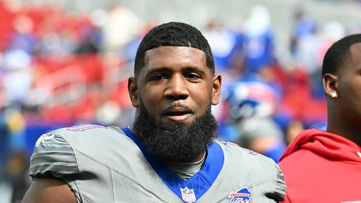 Sep 27, 2026; Orchard Park, New York, USA;  Buffalo Bills defensive tackle Ed Oliver (91) looks on during warm ups prior to the game against the Los Angeles Chargers at New Highmark Stadium.  Mandatory Credit: Mark Konezny-Imagn Images