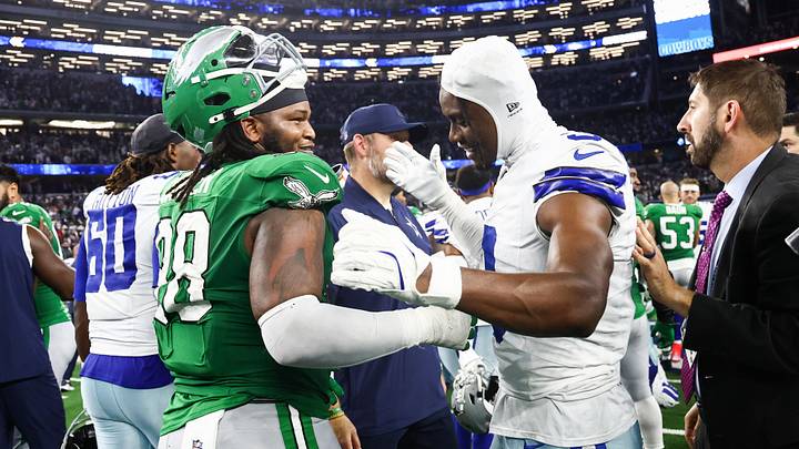 Dallas Cowboys receiver George Pickens and Philadelphia Eagles defensive tackle Jalen Carter after a game at AT&T Stadium. Dallas Cowboys receiver George Pickens and Philadelphia Eagles defensive tackle Jalen Carter after a game at AT&T Stadium.