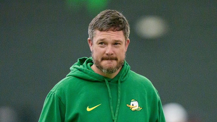 Oregon head coach Dan Lanning attends Oregon Pro Day on March 17, 2026, at the Moshofsky Center in Eugene, Oregon.