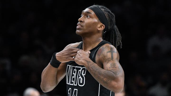 Jan 19, 2026; Brooklyn, New York, USA; Brooklyn Nets guard/forward Terance Mann (14) reacts during the second half against the Phoenix Suns at Barclays Center. Mandatory Credit: John Jones-Imagn Images
