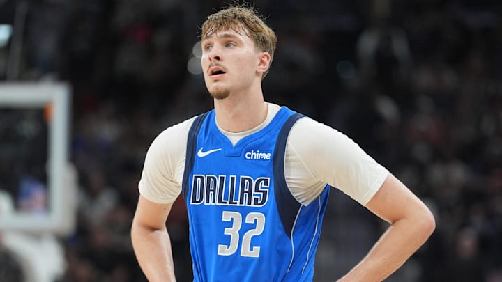 Feb 7, 2026; San Antonio, Texas, USA;  Dallas Mavericks forward Cooper Flagg (32) looks on in the first half against the San Antonio Spurs at Frost Bank Center. Mandatory Credit: Daniel Dunn-Imagn Images