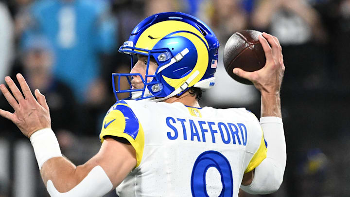 Jan 10, 2026; Charlotte, NC, USA; Los Angeles Rams quarterback Matthew Stafford (9) passes the ball in the fourth quarter in an NFC Wild Card Round game at Bank of America Stadium. Mandatory Credit: Bob Donnan-Imagn Images Jan 10, 2026; Charlotte, NC, USA; Los Angeles Rams quarterback Matthew Stafford (9) passes the ball in the fourth quarter in an NFC Wild Card Round game at Bank of America Stadium. Mandatory Credit: Bob Donnan-Imagn Images