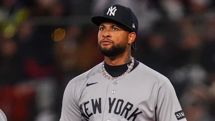 Apr 21, 2026; Boston, Massachusetts, USA; New York Yankees pitcher Luis Gil (81) is relieved as they take on the Boston Red Sox in the seventh inning at Fenway Park. Mandatory Credit: David Butler II-Imagn Images