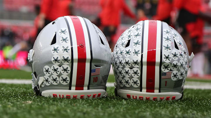 Oct 26, 2019; Columbus, OH, USA; Ohio State Buckeyes decals on the helmets before the game against the Wisconsin Badgers at Ohio Stadium. Mandatory Credit: Joe Maiorana-Imagn Images Oct 26, 2019; Columbus, OH, USA; Ohio State Buckeyes decals on the helmets before the game against the Wisconsin Badgers at Ohio Stadium. Mandatory Credit: Joe Maiorana-Imagn Images