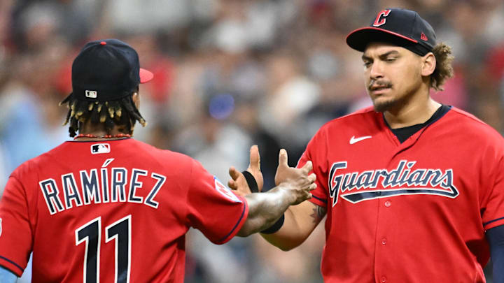 Jul 21, 2023; Cleveland, Ohio, USA; Cleveland Guardians third baseman Jose Ramirez (11) celebrates with first baseman Josh Naylor (22) after the Guardians beat the Philadelphia Phillies at Progressive Field. Mandatory Credit: Ken Blaze-Imagn Images Jul 21, 2023; Cleveland, Ohio, USA; Cleveland Guardians third baseman Jose Ramirez (11) celebrates with first baseman Josh Naylor (22) after the Guardians beat the Philadelphia Phillies at Progressive Field. Mandatory Credit: Ken Blaze-Imagn Images