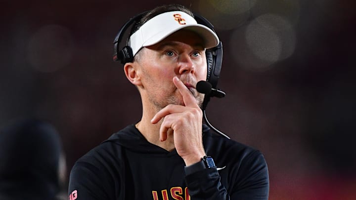 Nov 7, 2025; Los Angeles, California, USA; Southern California Trojans head coach Lincoln Riley watches game action against the Northwestern Wildcats during the second half at the Los Angeles Memorial Coliseum. Mandatory Credit: Gary A. Vasquez-Imagn Images