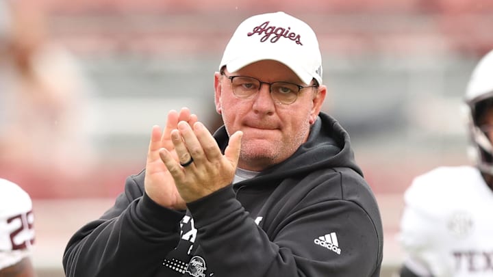 Oct 18, 2025; Fayetteville, Arkansas, USA; Texas A&M Aggies head coach Mike Elko prior to the game against the Arkansas Razorbacks at Donald W. Reynolds Razorback Stadium. Mandatory Credit: Nelson Chenault-Imagn Images
