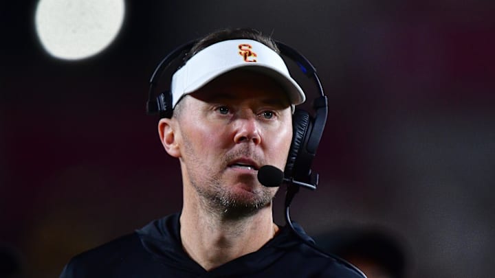 Nov 7, 2025; Los Angeles, California, USA; Southern California Trojans head coach Lincoln Riley watches game action against the Northwestern Wildcats during the second half at the Los Angeles Memorial Coliseum. Mandatory Credit: Gary A. Vasquez-Imagn Images
