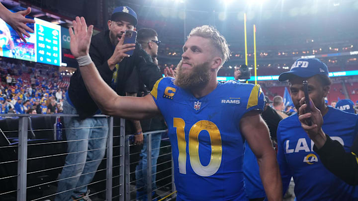 Jan 13, 2025; Glendale, AZ, USA; Los Angeles Rams wide receiver Cooper Kupp (10) reacts after the NFC wild card game against the Minnesota Vikings at State Farm Stadium. Mandatory Credit: Joe Camporeale-Imagn Images