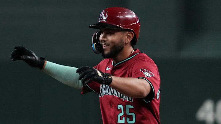 Aug 20, 2025; Phoenix, Arizona, USA; Arizona Diamondbacks catcher Adrian Del Castillo (25) reacts after hitting an RBI walk off single against the Cleveland Guardians in the tenth inning at Chase Field. Mandatory Credit: Rick Scuteri-Imagn Images Aug 20, 2025; Phoenix, Arizona, USA; Arizona Diamondbacks catcher Adrian Del Castillo (25) reacts after hitting an RBI walk off single against the Cleveland Guardians in the tenth inning at Chase Field. Mandatory Credit: Rick Scuteri-Imagn Images