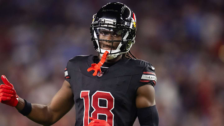Oct 21, 2024; Glendale, Arizona, USA; Arizona Cardinals wide receiver Marvin Harrison Jr. (18) against the Los Angeles Chargers at State Farm Stadium. Mandatory Credit: Mark J. Rebilas-Imagn Images
