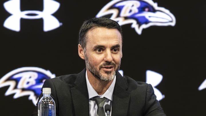 Jan 29, 2026; Owings Mills, MD, USA; Jesse Minter smiling during opening remarks at press conference at Under Armour Performance Center. Mandatory Credit: Lexi Thompson-Imagn Images
