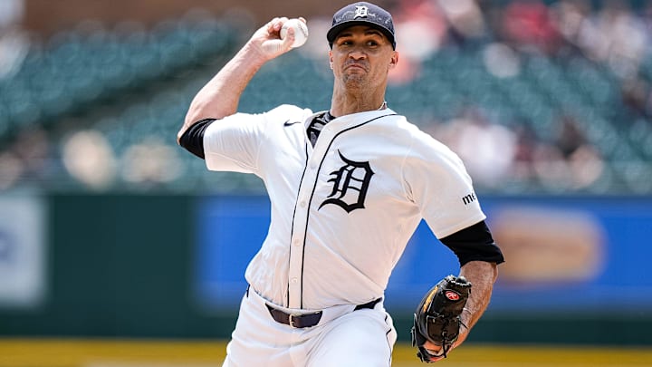Detroit Tigers pitcher Jack Flaherty (9) delivers a pitch against Cleveland Guardians during the first inning at Comerica Park in Detroit on Thursday, July 11, 2024