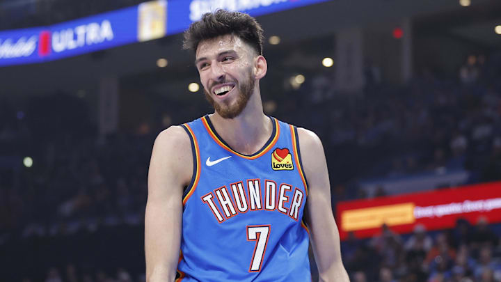 Apr 2, 2025; Oklahoma City, Oklahoma, USA; Oklahoma City Thunder forward Chet Holmgren (7) reacts after a call against him on a play against the Detroit Pistons during the first quarter at Paycom Center. Mandatory Credit: Alonzo Adams-Imagn Images