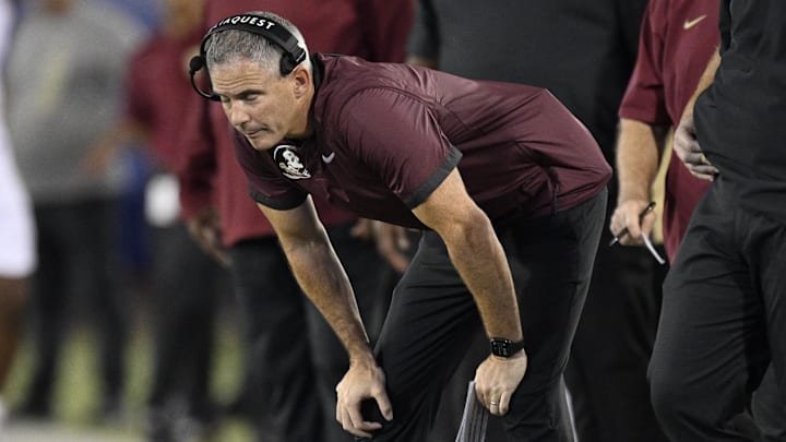 Sep 28, 2024; Dallas, Texas, USA; Florida State Seminoles head coach Mike Norvell during the game between the Southern Methodist Mustangs and the Florida State Seminoles at Gerald J. Ford Stadium. Mandatory Credit: Jerome Miron-Imagn Images