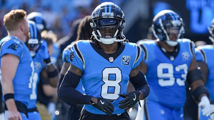 Oct 13, 2024; Charlotte, North Carolina, USA; Carolina Panthers cornerback Jaycee Horn (8) during the first quarter against the Atlanta Falcons at Bank of America Stadium. Mandatory Credit: Jim Dedmon-Imagn Images Oct 13, 2024; Charlotte, North Carolina, USA; Carolina Panthers cornerback Jaycee Horn (8) during the first quarter against the Atlanta Falcons at Bank of America Stadium. Mandatory Credit: Jim Dedmon-Imagn Images