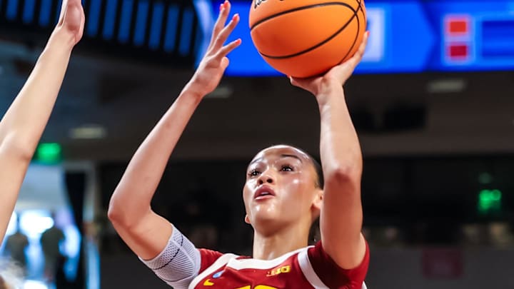 Mar 21, 2026; Columbia, South Carolina, USA; USC Trojans guard Jazzy Davidson (9) shoots against the Clemson Tigers in the first half at Colonial Life Arena. 