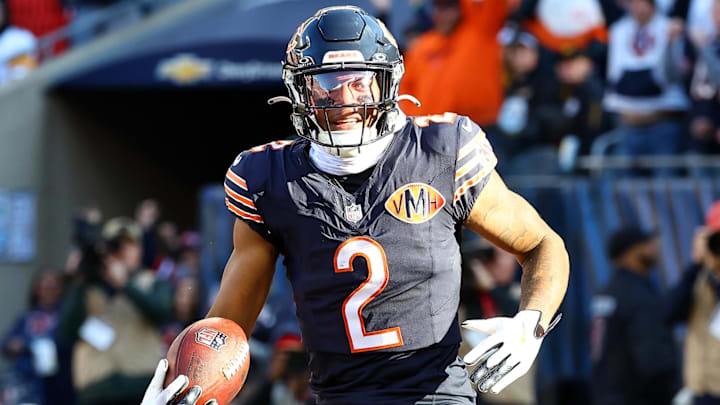 Nov 23, 2025; Chicago, Illinois, USA; Chicago Bears wide receiver DJ Moore (2) makes a touchdown catch against the Pittsburgh Steelers during the second half at Soldier Field. Mandatory Credit: Mike Dinovo-Imagn Images