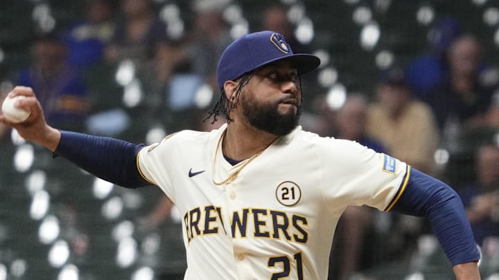 Sep 16, 2025; Milwaukee, Wisconsin, USA; Milwaukee Brewers pitcher Joel Payamps (31) delivers a pitch against the Los Angeles Angels in the ninth inning at American Family Field. Mandatory Credit: Michael McLoone-Imagn Images