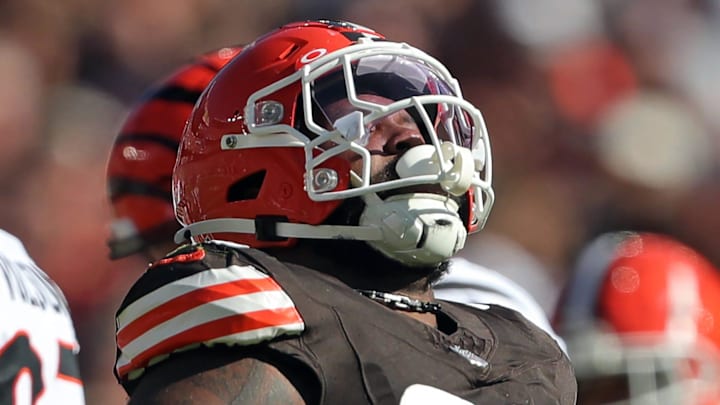 Cleveland Browns defensive tackle Maurice Hurst II (90) celebrates after a sack during the first half of an NFL football game against the Cincinnati Bengals at Huntington Bank Field, Sunday, Oct. 20, 2024, in Cleveland, Ohio.