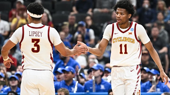 Mar 22, 2026; St. Louis, MO, USA; Iowa State Cyclones guard Dominick Nelson (11) and Iowa State Cyclones guard Tamin Lipsey (3) celebrate after a play during the first half against the Kentucky Wildcats during a second round game of the men's 2026 NCAA Tournament at Enterprise Center.