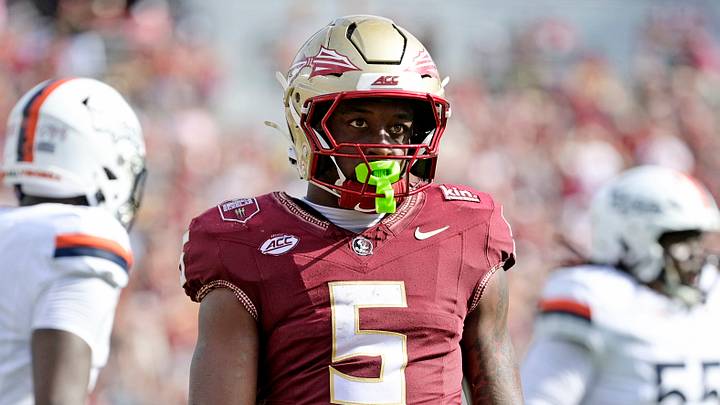 Oct 3, 2026; Tallahassee, Florida, USA;  Florida State Seminoles running back Quintrevion Wisner (5) after a big run in the second quarter against the Virginia Cavaliers at Doak S. Campbell Stadium.  Mandatory Credit: Melina Myers-Imagn Images