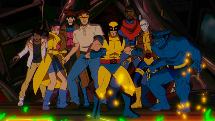 (L-R): Roberto Da Costa (voiced by Gui Agustini), Jubilee (voiced by Holly Chou), Gambit (voiced by AJ LoCascio), Cyclops (voiced by Ray Chase), Wolverine (voiced by Cal Dodd), Bishop (voiced by Isaac Robinson-Smith), Morph (voiced by JP Karliak), and Beast (voiced by George Buza) in Marvel Studios' X-MEN '97. Photo courtesy of Marvel Studios. © 2024 MARVEL.