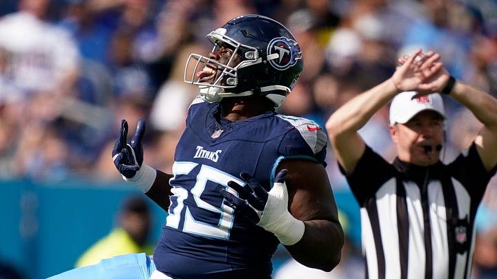 Tennessee Titans defensive tackle Sebastian Joseph-Day (69) celebrates sacking New England Patriots quarterback Drake Maye during the first quarter at Nissan Stadium in Nashville, Tenn., Sunday, Nov. 3, 2024. Tennessee Titans defensive tackle Sebastian Joseph-Day (69) celebrates sacking New England Patriots quarterback Drake Maye during the first quarter at Nissan Stadium in Nashville, Tenn., Sunday, Nov. 3, 2024.