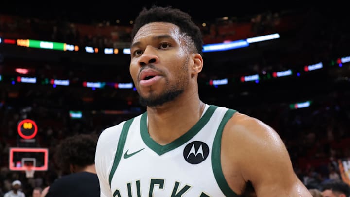 Mar 12, 2026; Miami, Florida, USA; Milwaukee Bucks forward Giannis Antetokounmpo (34) looks on after the game against the Miami Heat at Kaseya Center. Mandatory Credit: Sam Navarro-Imagn Images Mar 12, 2026; Miami, Florida, USA; Milwaukee Bucks forward Giannis Antetokounmpo (34) looks on after the game against the Miami Heat at Kaseya Center. Mandatory Credit: Sam Navarro-Imagn Images