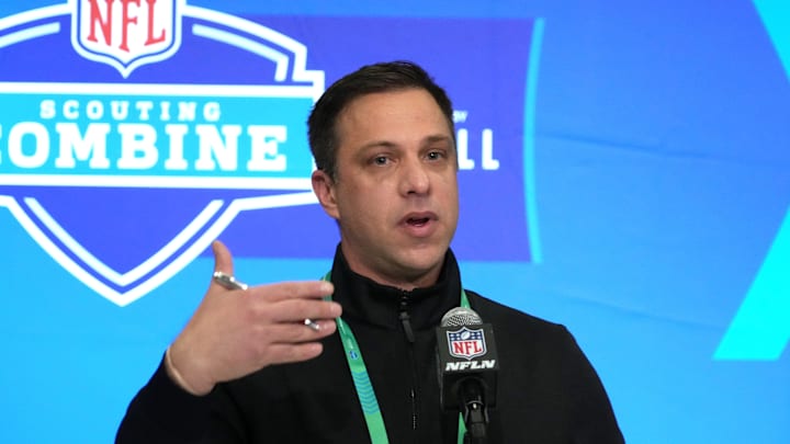 Feb 27, 2024; Indianapolis, IN, USA; Kansas City Chiefs general manager Brett Veach speaks during a press conference at the NFL Scouting Combine at Indiana Convention Center. Mandatory Credit: Kirby Lee-Imagn Images