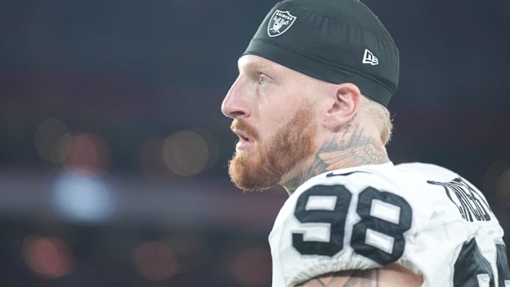 Aug 23, 2025; Glendale, Arizona, USA; Las Vegas Raiders defensive end Maxx Crosby (98) looks on against the Arizona Cardinals during the first half at State Farm Stadium. Mandatory Credit: Joe Camporeale-Imagn Images