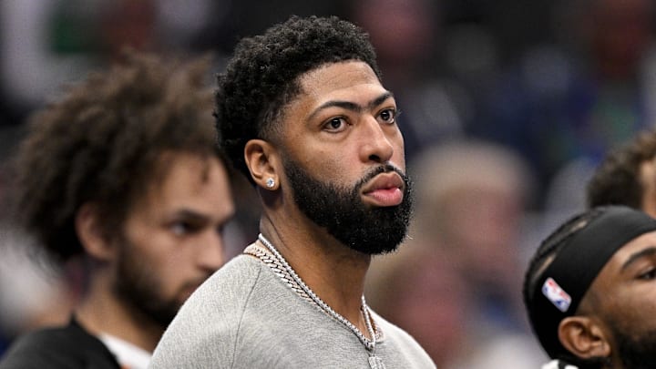 Nov 19, 2025; Dallas, Texas, USA; Dallas Mavericks forward Anthony Davis (3) looks on from the bench during the second half against the New York Knicks at the American Airlines Center. Mandatory Credit: Jerome Miron-Imagn Images