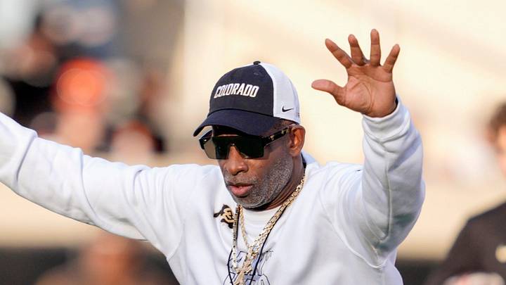 Colorado coach Deion Sanders stands on the field as the team warms up before a college football game between the Oklahoma State Cowboys and the Colorado Buffaloes at Boone Pickens Stadium in Stillwater, Okla., Saturday, Oct. 24, 2026. 