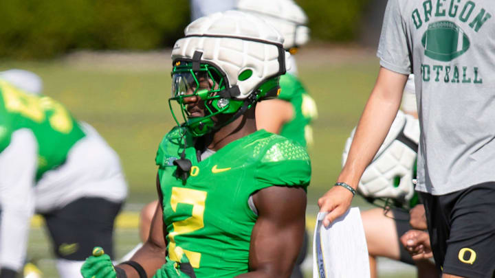 Oregon inside linebacker Jeffrey Bassa works out during practice with the Oregon Ducks Tuesday, Aug. 20, 2024 at the Hatfield-Dowlin Complex in Eugene, Ore. Oregon inside linebacker Jeffrey Bassa works out during practice with the Oregon Ducks Tuesday, Aug. 20, 2024 at the Hatfield-Dowlin Complex in Eugene, Ore.