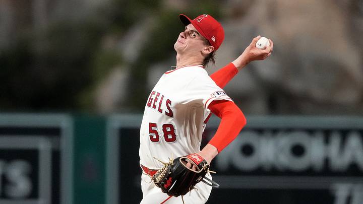 Aug 12, 2026; Anaheim, California, USA; Los Angeles Angels pitcher George Klassen (58) throws against the Texas Rangers at Angel Stadium. Mandatory Credit: Kirby Lee-Imagn Images