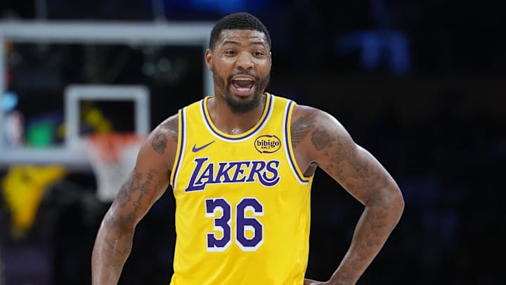 Mar 6, 2026; Los Angeles, California, USA; Los Angeles Lakers guard Marcus Smart (36) reacts against the Indiana Pacers in the second half at Crypto.com Arena. Mandatory Credit: Kirby Lee-Imagn Images