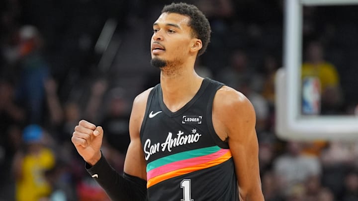 Jan 7, 2026; San Antonio, Texas, USA;  San Antonio Spurs forward/center Victor Wembanyama (1) celebrates in the second half against the Los Angeles Lakers at Frost Bank Center. Mandatory Credit: Daniel Dunn-Imagn Images