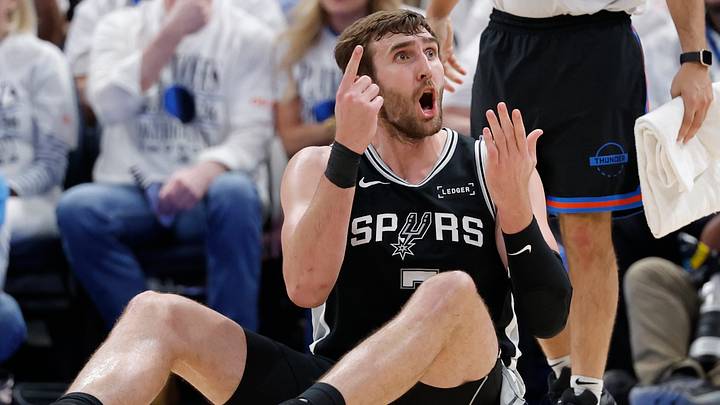 May 26, 2026; Oklahoma City, Oklahoma, USA; San Antonio Spurs center Luke Kornet (7) reacts after a play during the third quarter against the Oklahoma City Thunder in game five of the western conference finals for the 2026 NBA playoffs at Paycom Center. Mandatory Credit: Alonzo Adams-Imagn Images