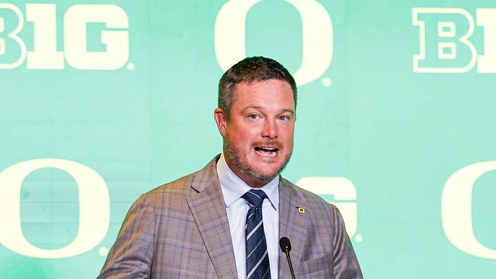 Jul 29, 2026; Chicago, IL, USA; Oregon Football head coach Dan Lanning speaks during Big Ten Media Days at Hilton Chicago.  