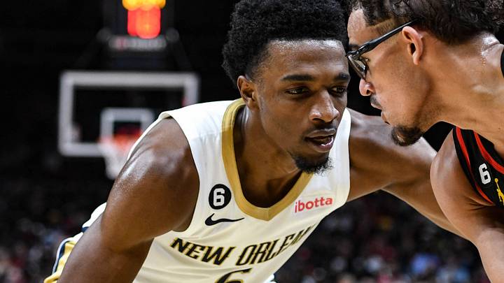 New Orleans Pelicans forward Herb Jones (5) pressures Atlanta Hawks guard Trae Young (11) in the third quarter at State Farm Arena. Mandatory Credit: Larry Robinson-USA TODAY Sports New Orleans Pelicans forward Herb Jones (5) pressures Atlanta Hawks guard Trae Young (11) in the third quarter at State Farm Arena. Mandatory Credit: Larry Robinson-USA TODAY Sports