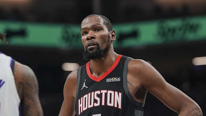 Jan 11, 2026; Sacramento, California, USA; Houston Rockets forward Kevin Durant (7) looks on during the second quarter against the Sacramento Kings at Golden 1 Center. Mandatory Credit: Justine Willard-Imagn Images