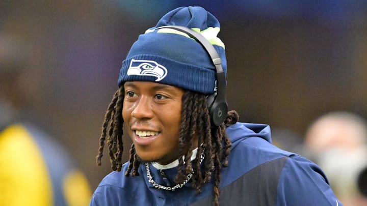 Seattle Seahawks wide receiver Rashid Shaheed warms up Seattle Seahawks wide receiver Rashid Shaheed warms up