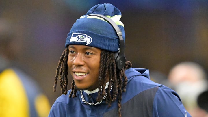 Seattle Seahawks' Rashid Shaheed warms up before a game Seattle Seahawks' Rashid Shaheed warms up before a game