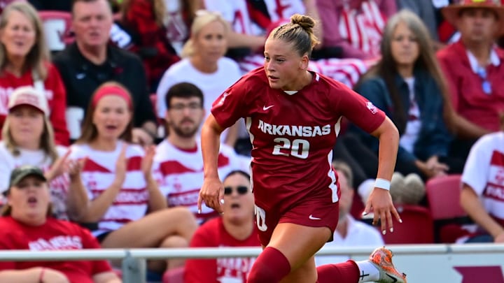 Arkansas freshman Natalie Wagner chases down a loose ball in a soccer match against Duke. Arkansas freshman Natalie Wagner chases down a loose ball in a soccer match against Duke.