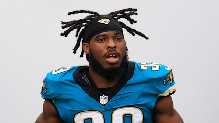 Jacksonville Jaguars running back Bhayshul Tuten (33) is introduced before an NFL football game at EverBank Stadium, Sunday, Dec. 7, 2025, in Jacksonville, Fla. 