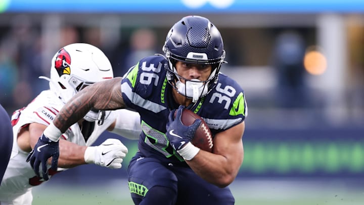 Nov 9, 2025; Seattle, Washington, USA; Seattle Seahawks running back George Holani (36) rushes during the fourth quarter against the Arizona Cardinals at Lumen Field.