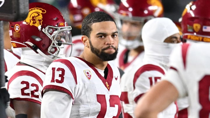 Oct 14, 2023; South Bend, Indiana, USA; USC Trojans quarterback Caleb Williams (13) reacts in the