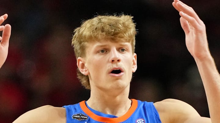 Apr 7, 2025; San Antonio, TX, USA; Florida Gators forward Thomas Haugh (10) reacts after a play against the Houston Cougars during the second half of the national championship game of the Final Four of the 2025 NCAA Tournament at the Alamodome. Mandatory Credit: Bob Donnan-Imagn Images